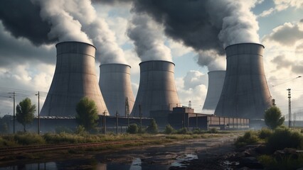 Nuclear Power Plant Cooling Towers Releasing Steam into a Cloudy Sky