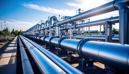 Industrial Pipeline Network Stretching into the Horizon Under a Bright Blue Sky