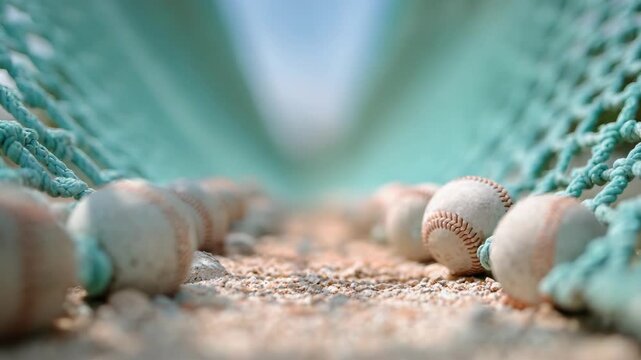 A close-up of baseballs resting in a batting cage, perfect for baseball content