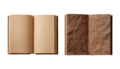 Two open books, one blank, one with textured pages