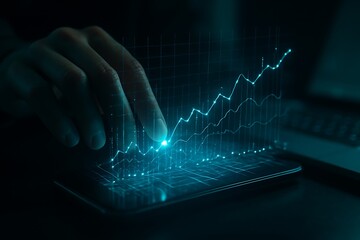 Hand touching glowing blue financial graph data visualization image