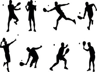 Silhouette of tennis players, dynamic action poses, sports movement, racket and ball illustration, perfect for stock image useSilhouette of tennis players, , sports movement