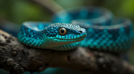 Fototapeta premium Bright Blue Serpent with Yellow Eyes Resting on Tree Branch in Natural Environment