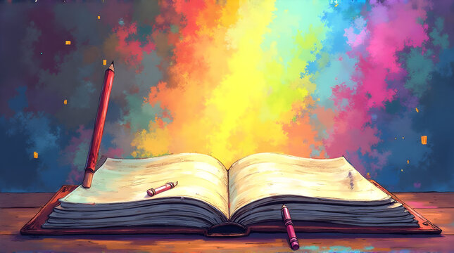Open Notebook with Colorful Powder Explosion in Background Artistic Illustration