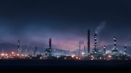 Illuminated oil refinery complex at dusk