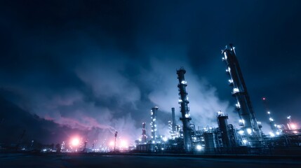 Obraz premium Illuminated oil refinery complex against a dark cloudy sky