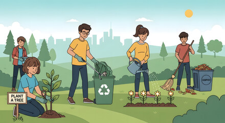 A diverse group of community volunteers, including adults and children, clean up a park, plant a tree, and water flowers with a city skyline in the background.