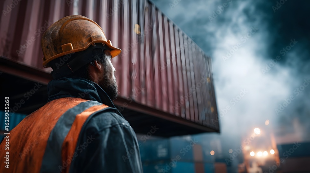 Poster worker loading shipping containers at port terminal