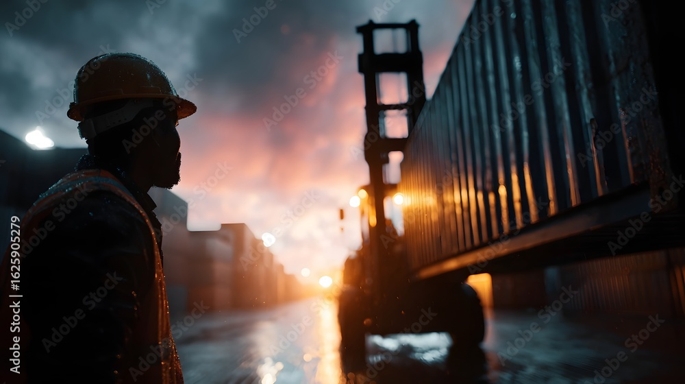Poster worker loading shipping containers at a port terminal during sunset