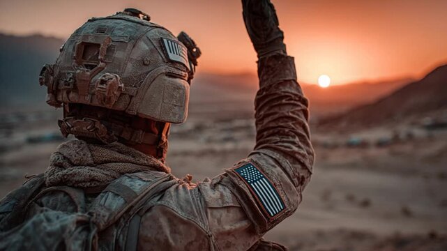 A soldier in camo gear raises an arm toward the setting sun. US flag patch is visible. Blurry desert landscape