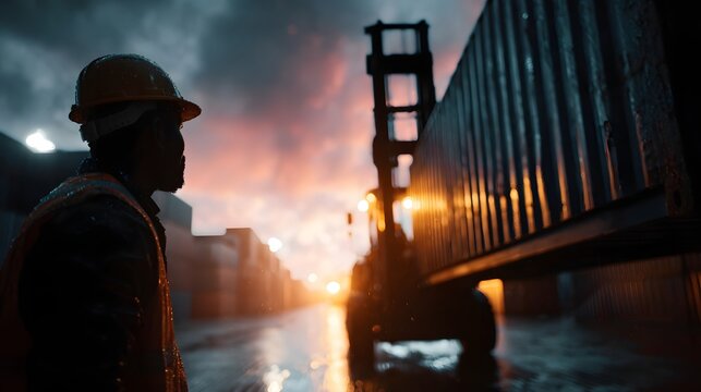 Worker loading shipping containers at a port terminal during sunset