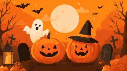 happy halloween vector illustration, cartoon style, smiling jack-o'-lantern pumpkins, ghost floating, bats flying, full moon in the background