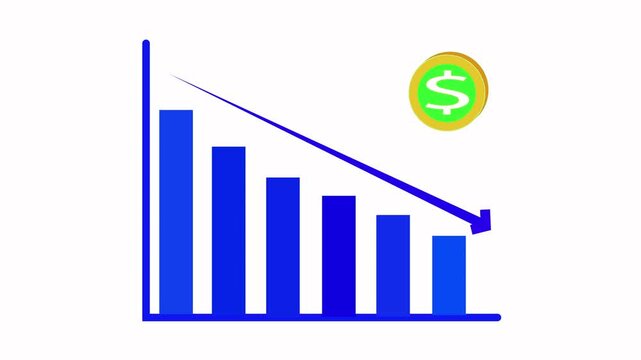 Animated bar graph showing declining profits financial loss recession market crash loop. Blue bars animation with falling dollar coin for economic downturn and negative growth trends. - Powered by Adobe
