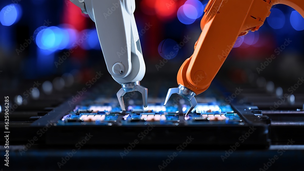 Poster two automated industrial robotic arms with grippers precisely working on advanced circuit boards in 