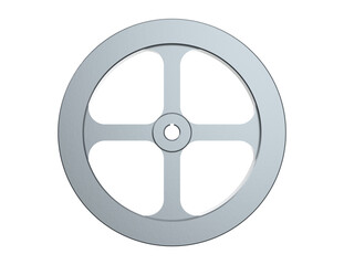 Obraz premium A high-resolution 3D rendering of a single gray industrial pulley wheel, often used in mechanical systems or machinery, presented on a PNG Transparent HD Background, ideal for isolated design