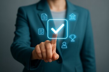 Person touching glowing checkmark surrounded by icons image