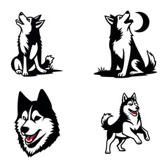 Siberian Husky Dog Vector Set in Black and White Featuring Four Powerfully Expressive Poses with Clean Design Lines