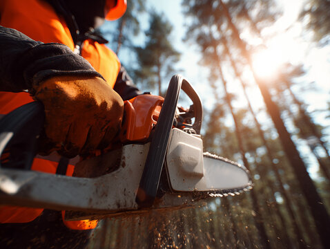 Worker Using Chainsaw in Sunlit Forest