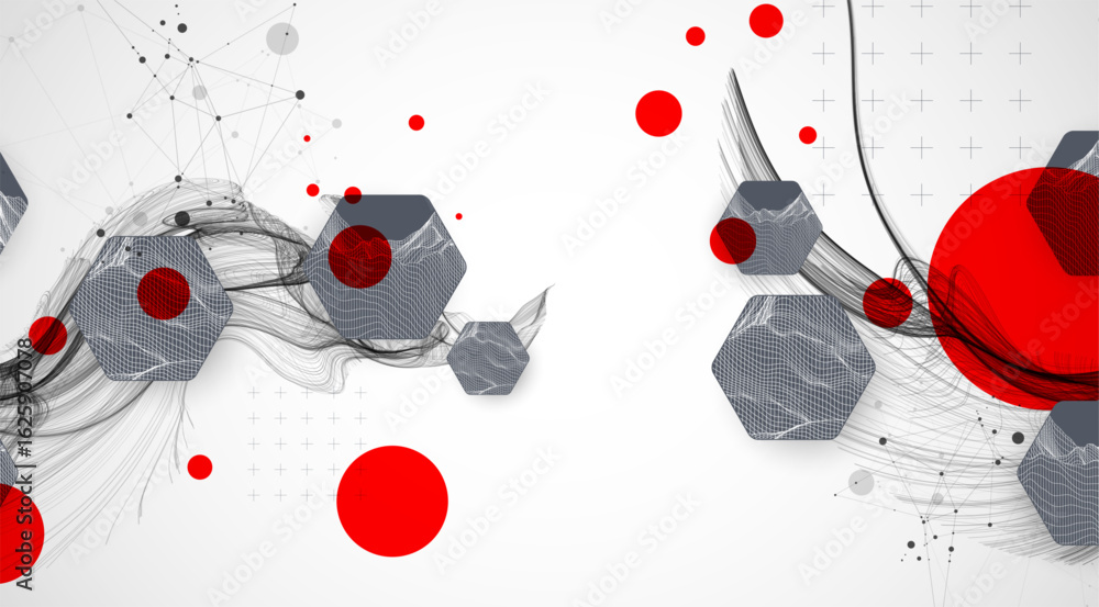 Poster scientific and technological background. wave with wireframe hexagons of different types on a gray g
