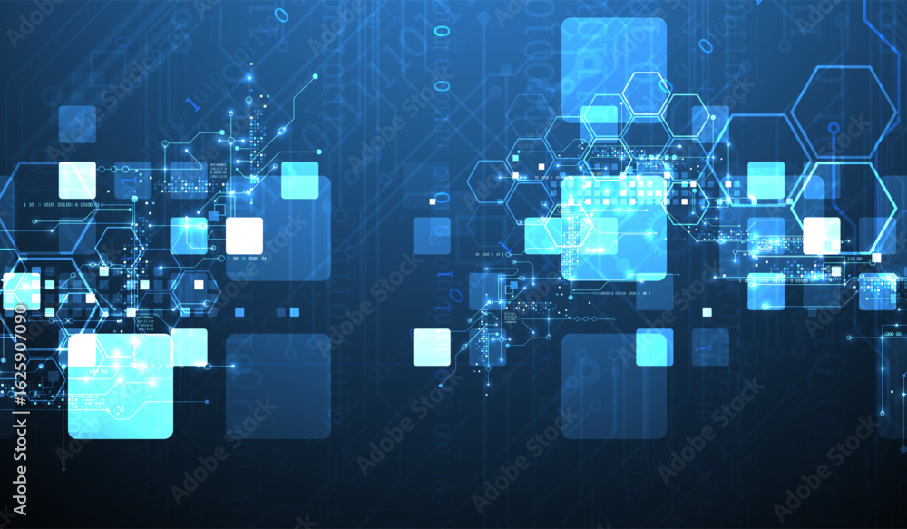 Poster a technical background using technological lines, squares, and hexagons combined into an art composi