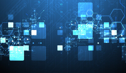 A technical background using technological lines, squares, and hexagons combined into an art composition.