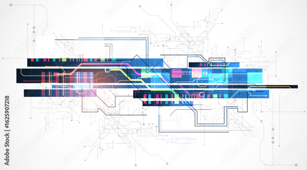 Poster technological background with colorful squares glowing on a blue gradient. vector.