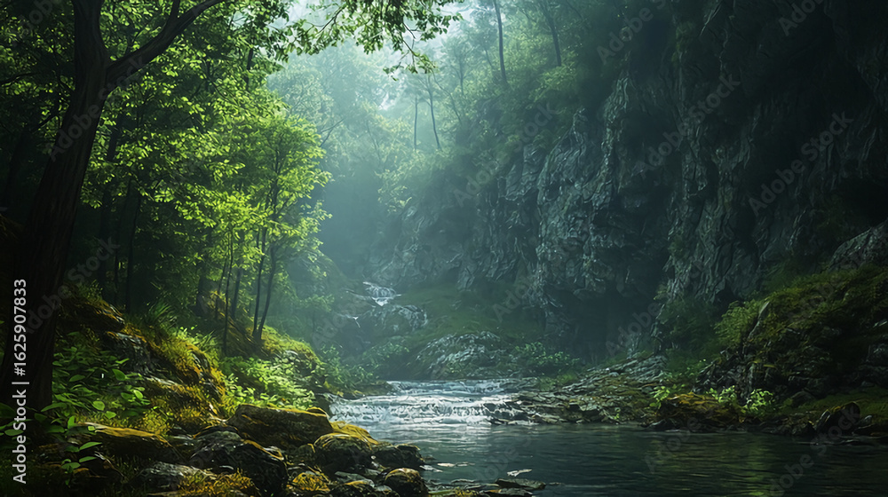 Poster a serene river flows through a lush green forest with sunlight filtering through the trees and mist 