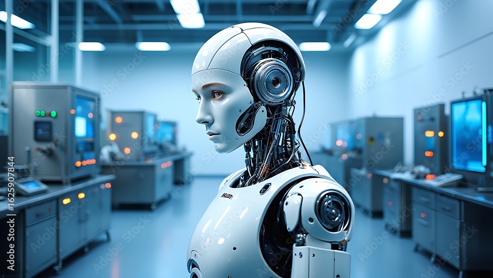 Poster profile view of an advanced white humanoid robot with intricate mechanical details in a modern labor