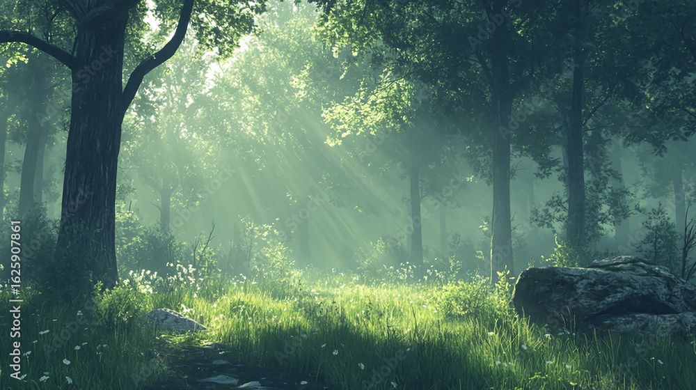 Poster a serene forest scene with sunlight filtering through the trees and lush green foliage creating a mi