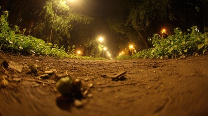 Nighttime path lined with streetlights.