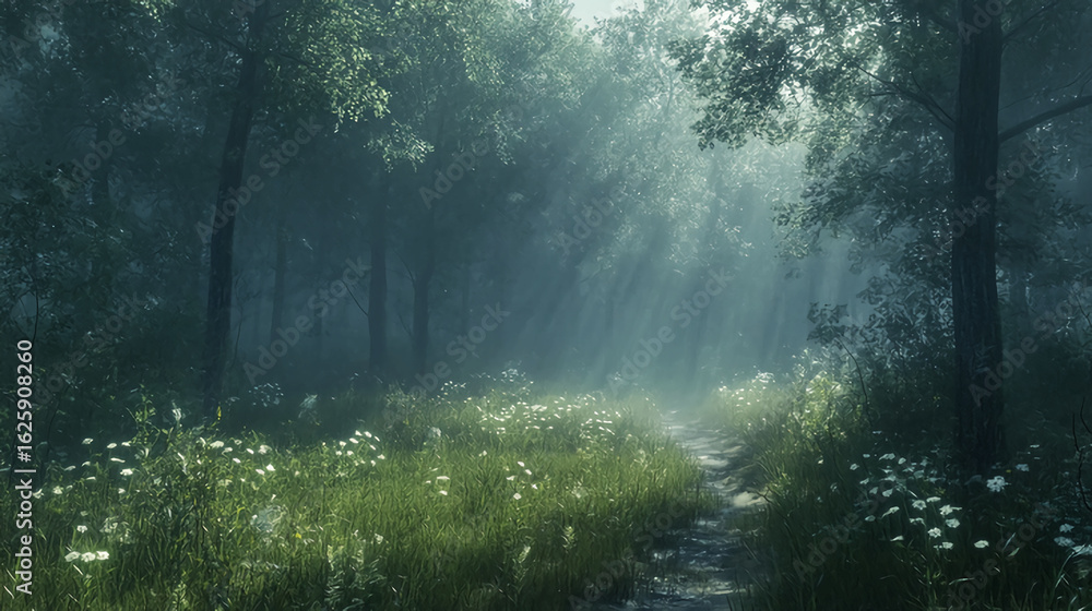 Aufkleber a path through a misty forest with sun rays filtering through the trees and flowers in the foregroun