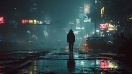hooded figure standing in neon-lit rainy cyberpunk city, wet streets reflecting lights, futuristic atmosphere, dark mysterious tone