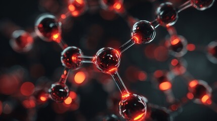 hyper-detailed molecule structure, deep red highlights, glowing crimson atoms, dark science background, chrome material, biotech style, cinematic lighting