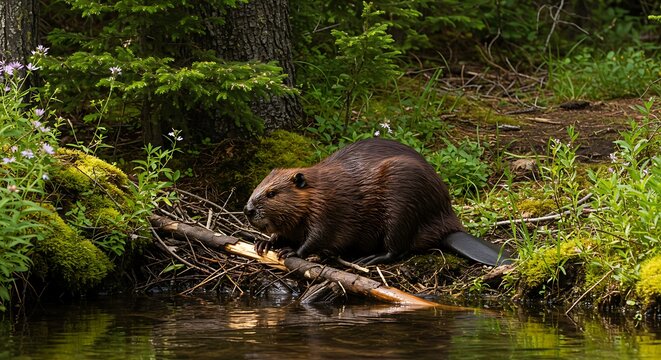 Beaver on riverbank near forest with lush green foliage - Powered by Adobe