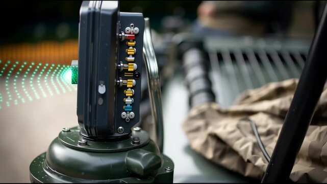 Close-up of an anti-drone signal jammer mounted on a vehicle, glowing with active interference waves