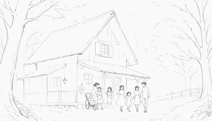 Line art illustration of a family in front of a cozy house, coloring page design