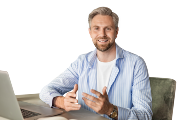 Young bearded man in shirt recording video message with digital tablet in hands on a transparent background