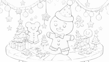Fototapeta premium Line art illustration of a festive holiday scene with gingerbread cookies and decorations, coloring page design