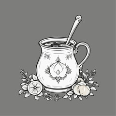 Line art illustration of a decorative mug with a drink, floral design elements, coloring page