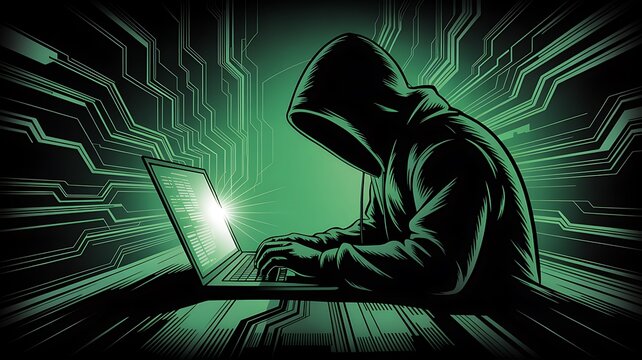 Anonymous hacker in a hooded sweatshirt using a laptop with glowing green digital circuit background