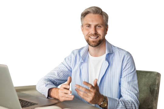 Young bearded man in shirt recording video message with digital tablet in hands on a transparent background - Powered by Adobe