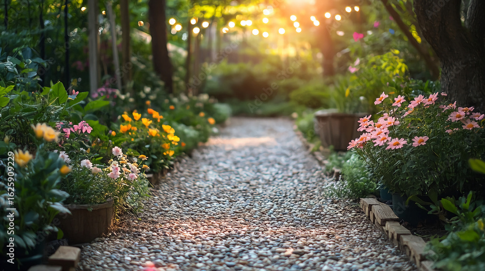 Poster a gravel path lined with flowers leading to a sunlit area with string lights in the background