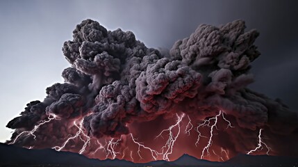 A volcano erupts with red lightning striking the ashes. A doomed mood with high contrast lighting.