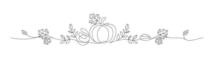 Autumn Pumpkin with Leaves and Vines One Line Drawing for Fall, Thanksgiving, Harvest vector illustration