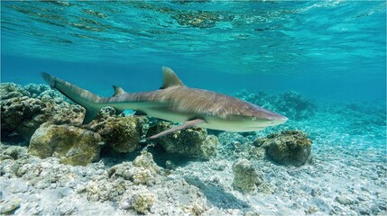 Fototapeta premium a shark Swimming in Clear Ocean with Coral Reef, Sunlight Filtering – Natural Underwater Scene for Marine Conservation & Travel