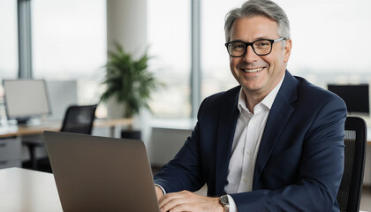 Fototapeta premium Middle-aged Caucasian Businessman with Glasses Smiling at the Camera in a Modern Office, Portraying Professionalism and Approachability.
