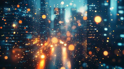Fototapeta premium A vibrant, abstract view of a city at night with blurred bokeh lights. This image is perfect for concepts of urban energy, technology, and nightlife