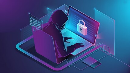 Hacker in hoodie working on laptop with glowing padlock symbol on screen