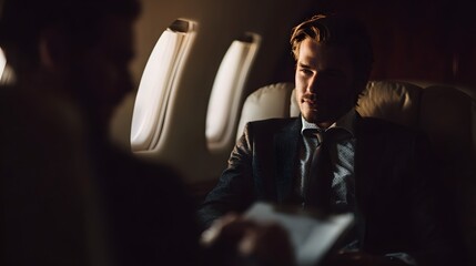 Businessman negotiating private jet purchase in luxury aircraft cabin