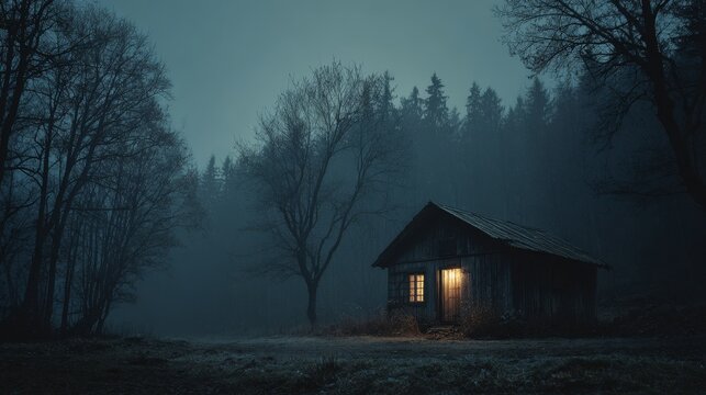 lonely wooden cabin in a dark misty forest, night scene, single warm light glowing from window, eerie atmosphere, overcast sky, quiet and isolated woodland
